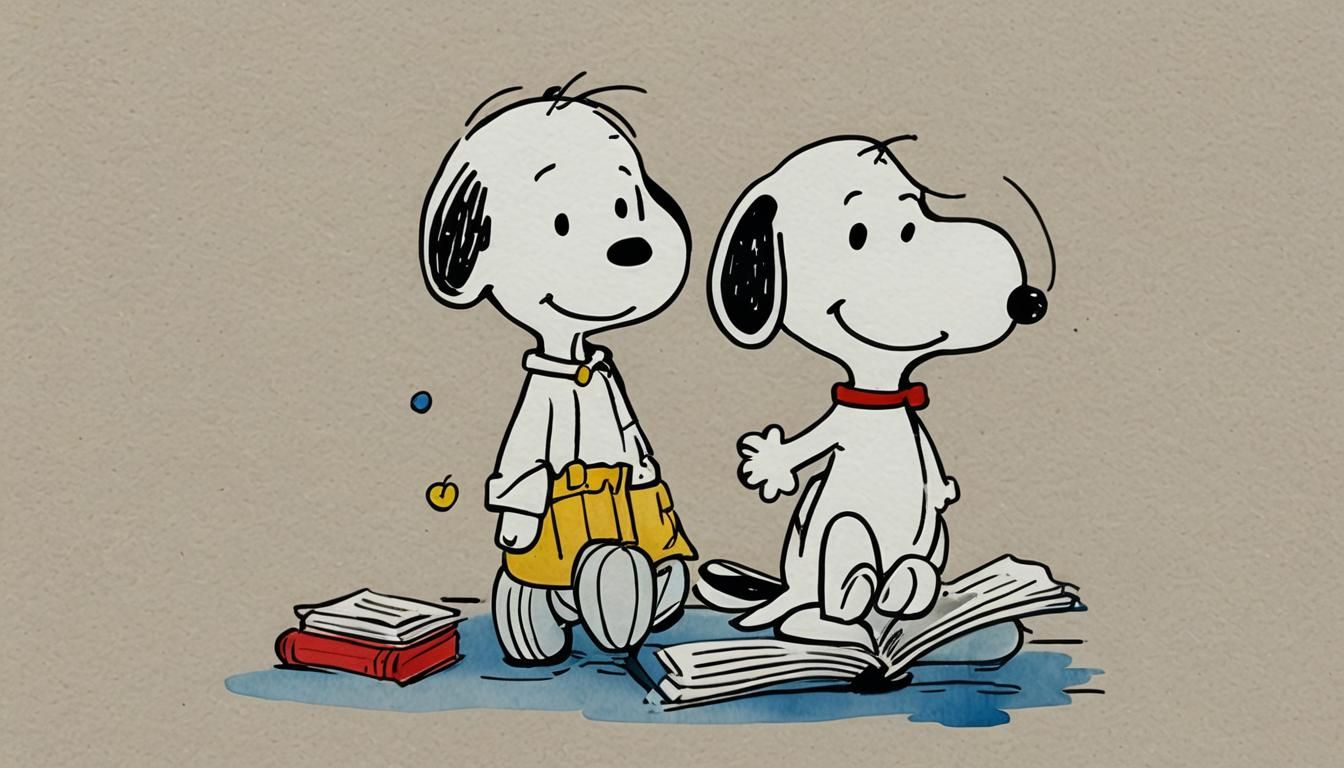 Snoopy Reading Line Art in Gouache Watercolor Style