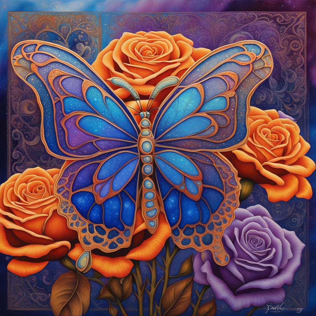 Butterfly on Roses in Crystal Vase, Holographic Illustration