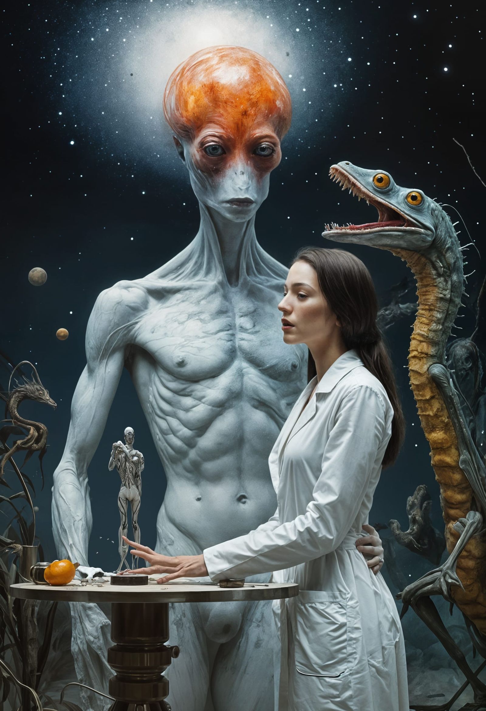 Surreal Portrait in White Laboratory: Bizarre Creatures