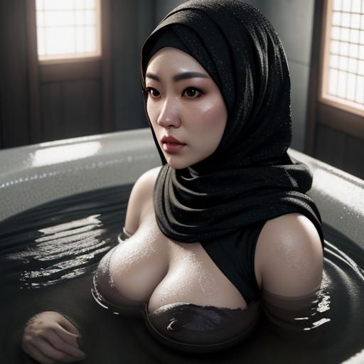 Woman in Hijab Taking Bath, Hyperrealistic Digital Art