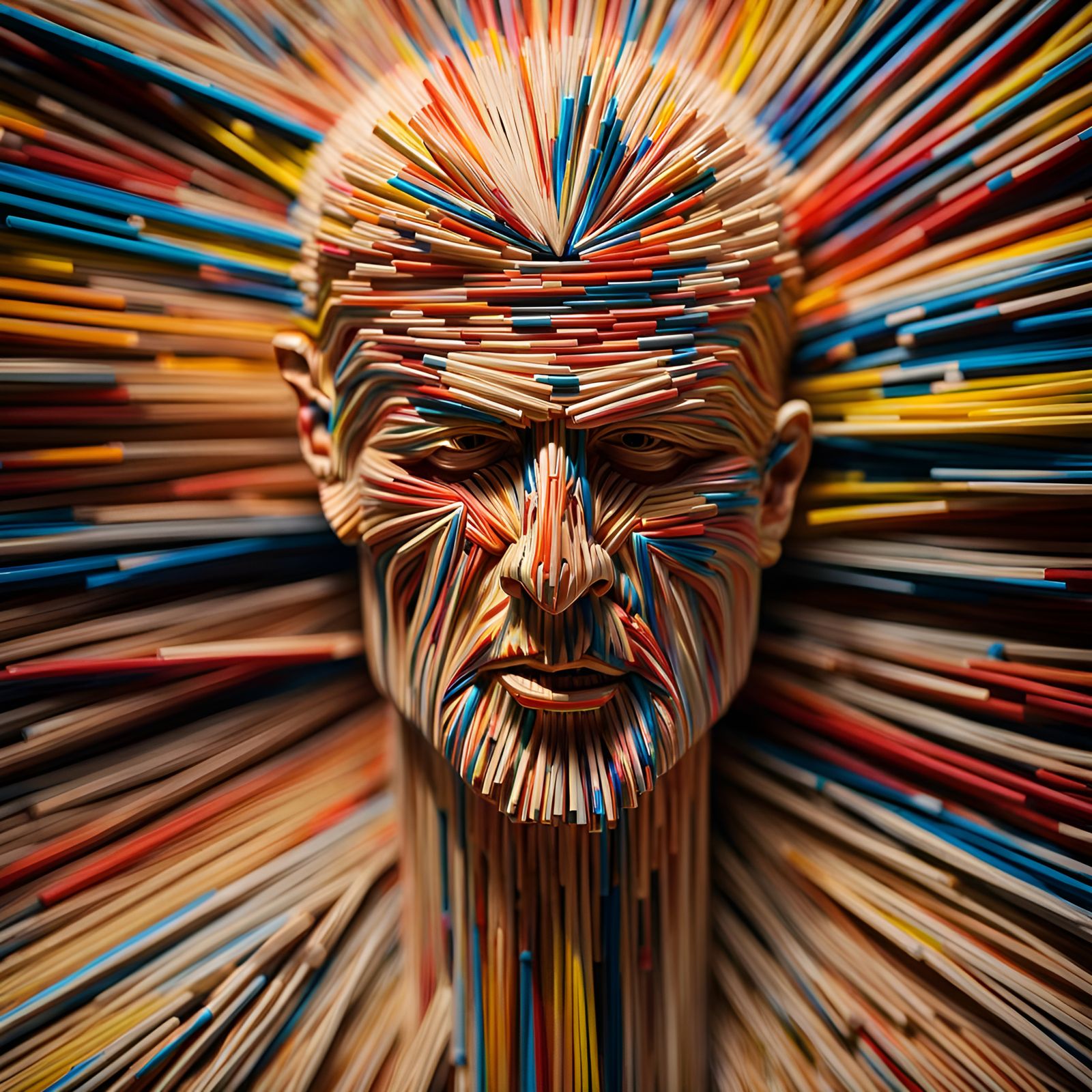 Epic toothpick sculpture,  face, made of toothpick, toothpicks, 8K resolution 64 megapixels soft focus, psychedelic pain...