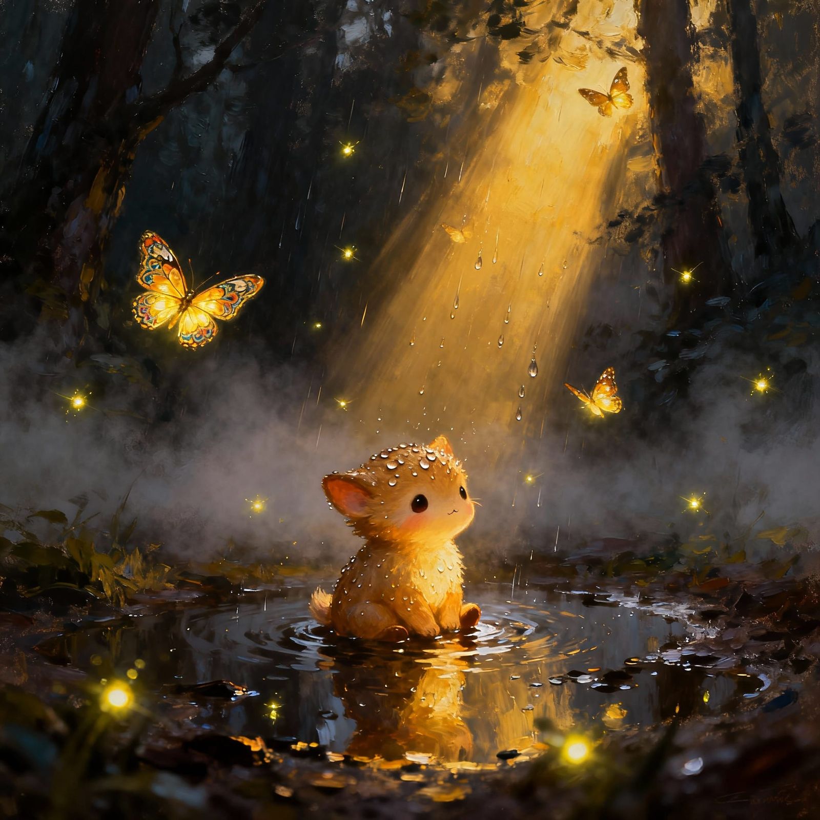 Cute Sunlit Creature in Misty Forest Puddle