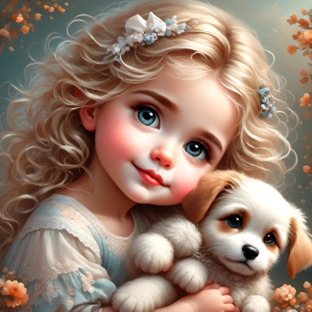 Adorable Little Girl with Dog in Vintage Style
