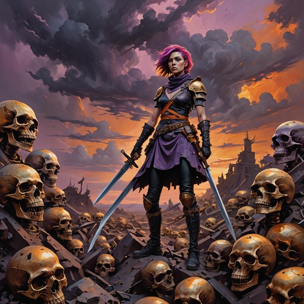 Punk Warrior on Skull Mound, Surreal Oil Painting