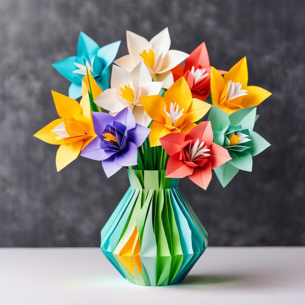Colorful Origami Paper Flower Bouquet in Vase