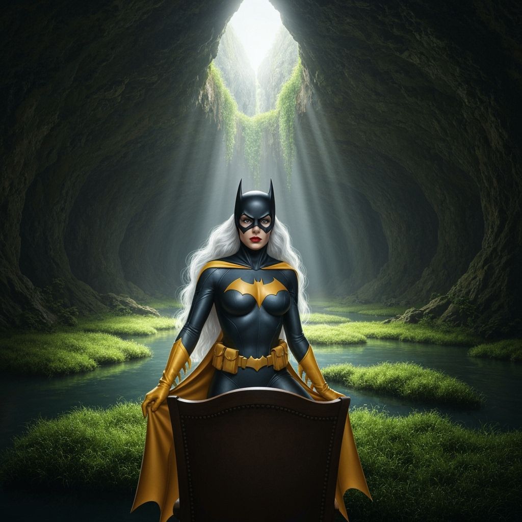 Batgirl in Classic Costume with White Hair in Dramatic Cave