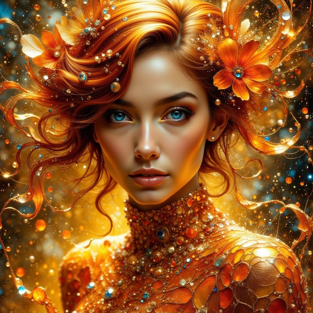 Woman in Vibrant Orange Hues with Metallic Accents