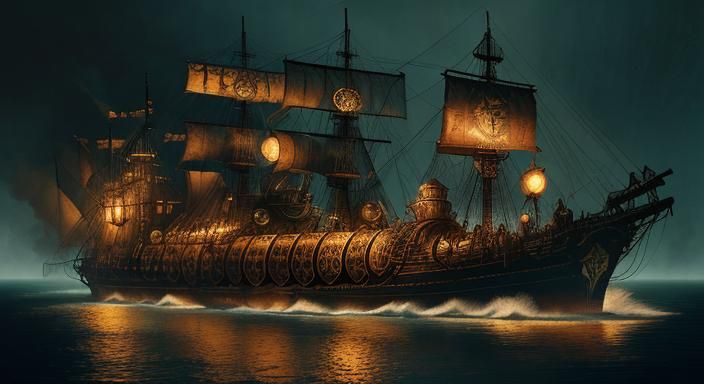 Steampunk Pirates on a Vintage Ship as Fantasy Art