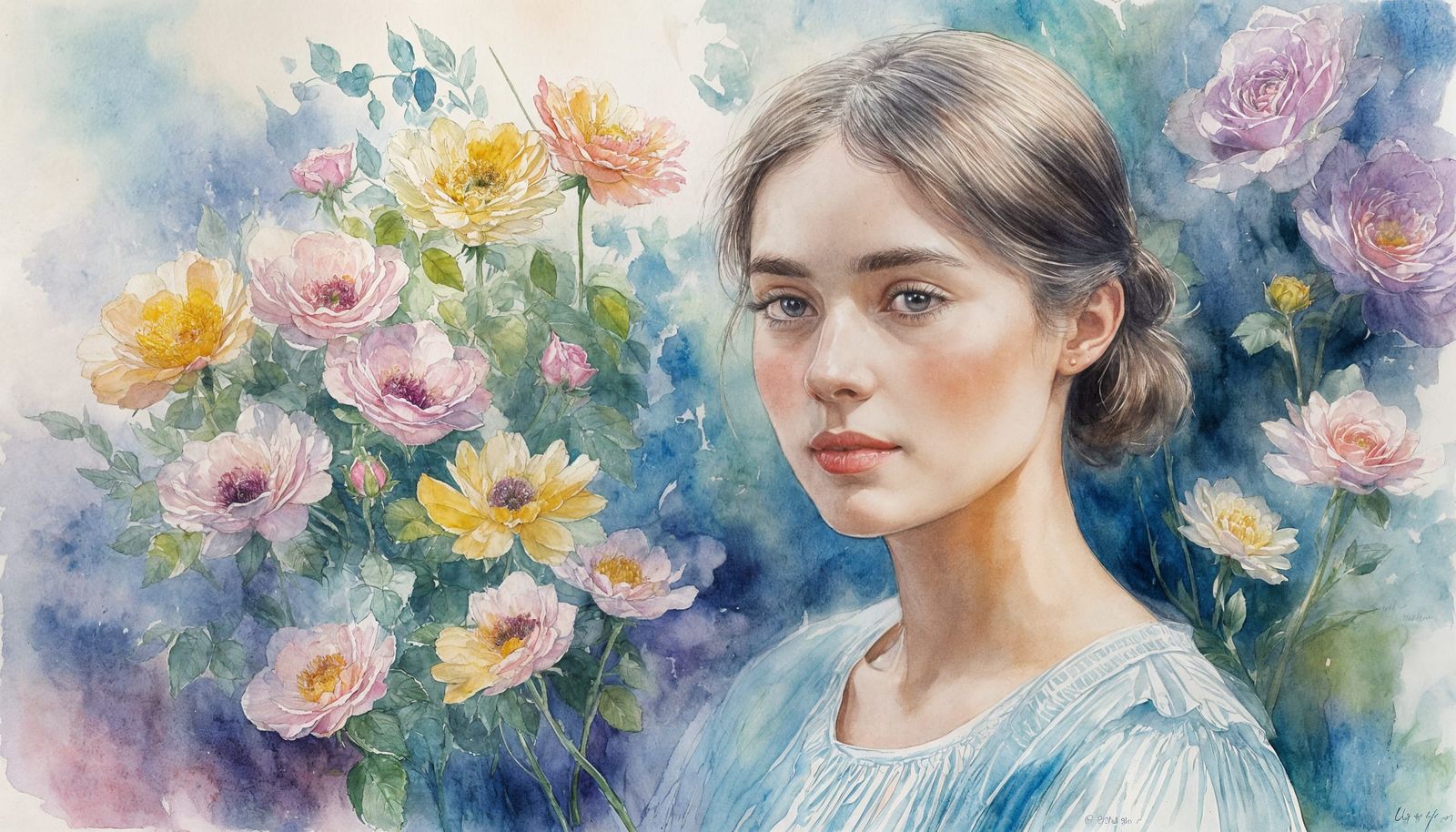 Dagmar Grill in Summer Flowers, Watercolor in Larsson Style