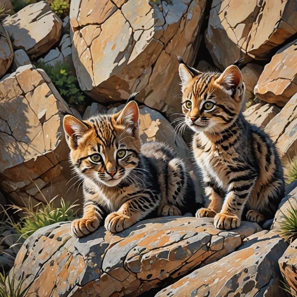 Sardinian Wildcat Cubs Playing: Wildlife Art