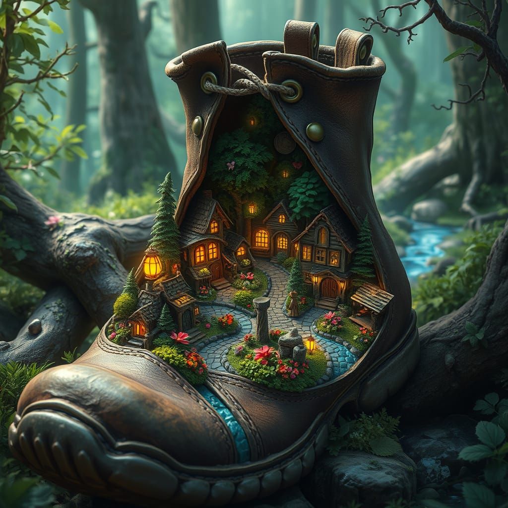 Enchanted Fairy Village Inside Hiking Boot, Matte Painting