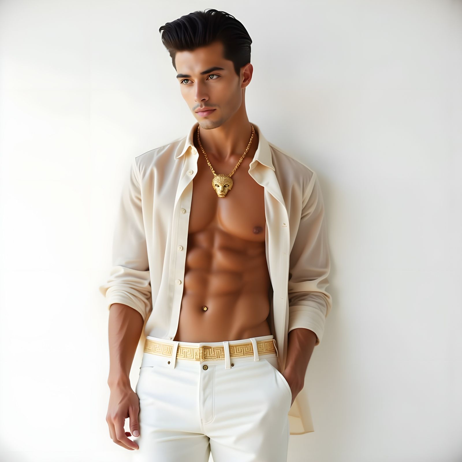 Muscular Model in Sheer Shirt with Gold Accents