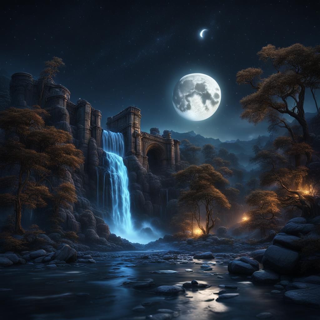 Night Waterfall with Crescent Moon: Fantasy Concept Art