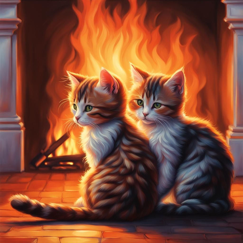 Hyperrealistic Cats Hugging by Fireplace