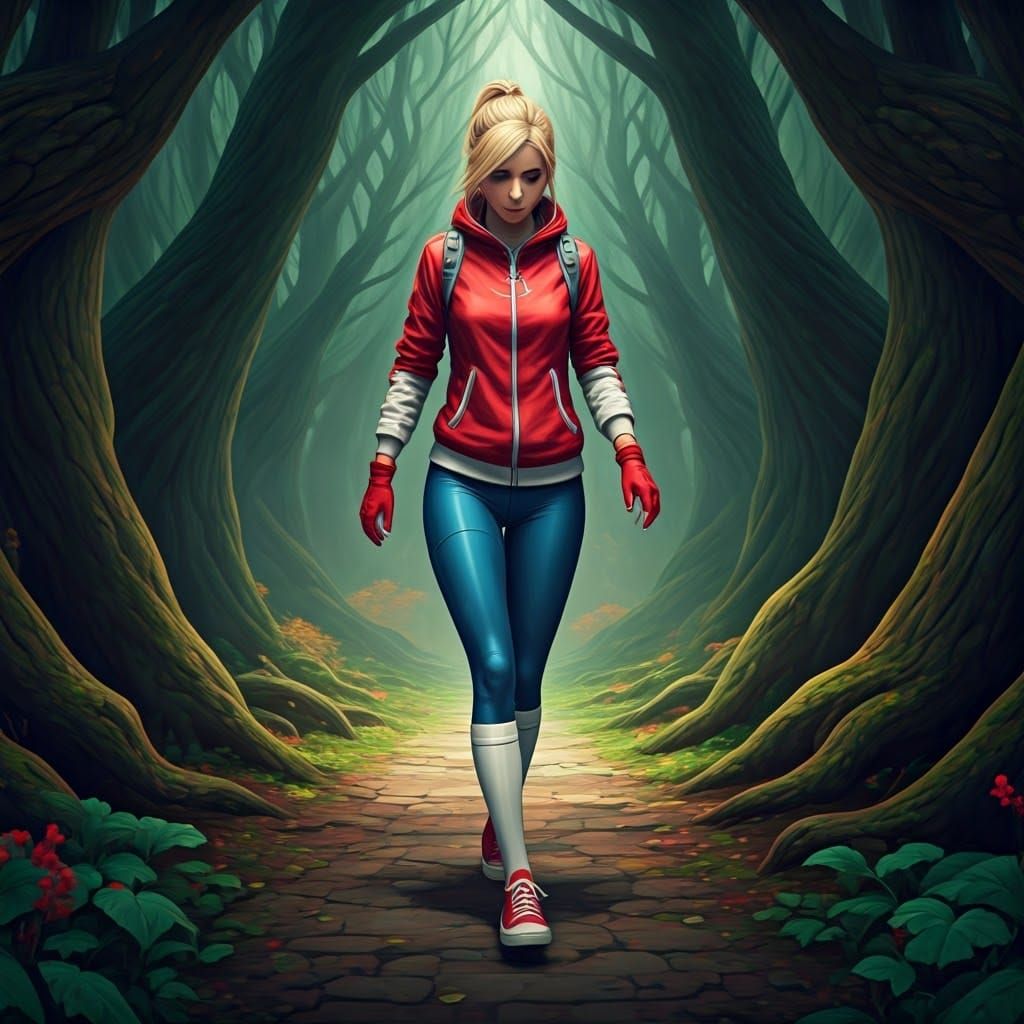 Blonde Woman Loses Shoe in Mystical Forest