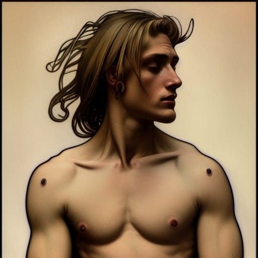 Totally alphonse mucha style handsome blond shirtless man with tattooed skin detailed hyper realistic dramatic beautiful...
