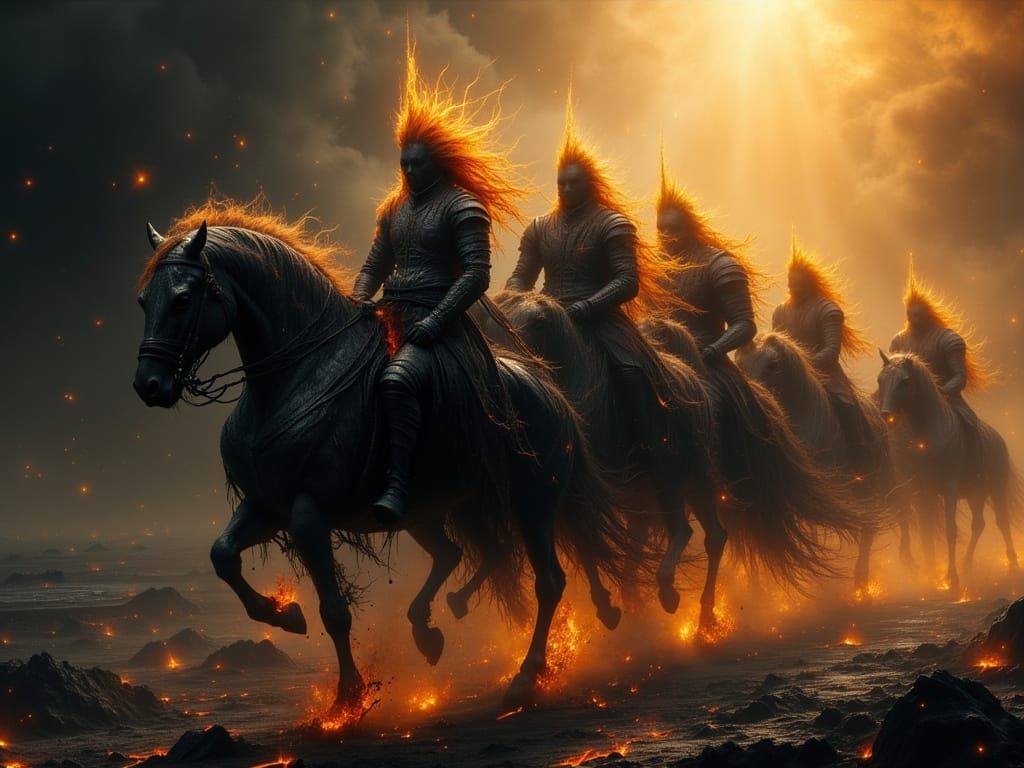 Knight Riders Emerge From Fiery Light in Fantasy Scene