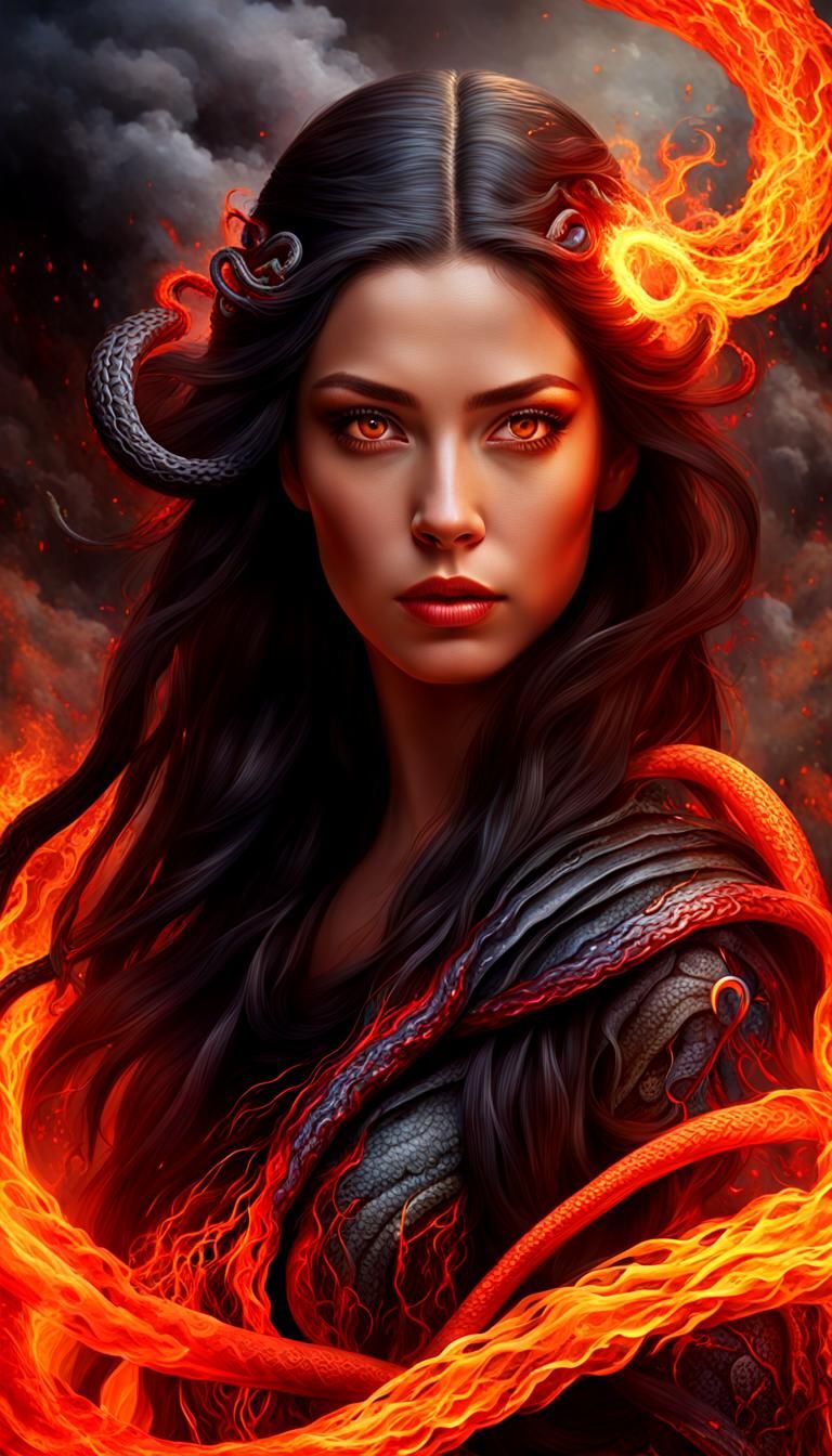 Fiery Medusa Portrait in Digital Painting Style
