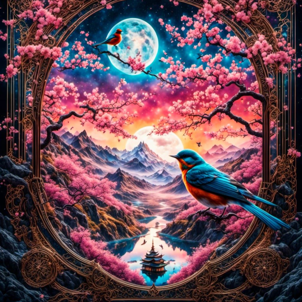 Cherry blossom <lora:Night Sparkle:1.0> <lora:SuperHyperrealism:1.0> <lora:Nebulae:1.0> (Art nouveau:1.7)