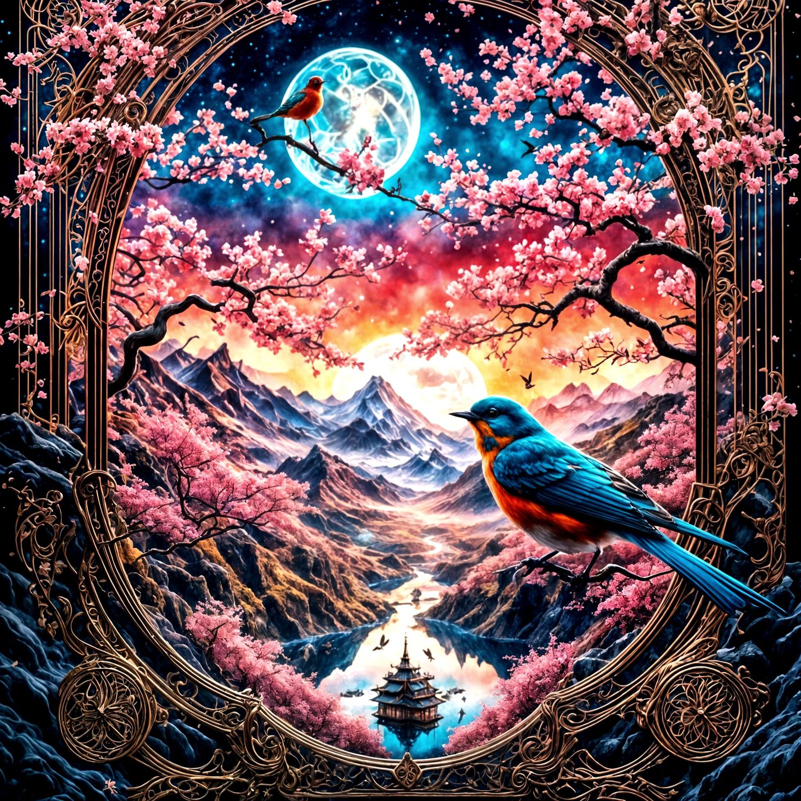 Art Nouveau Cherry Blossoms with Birds
