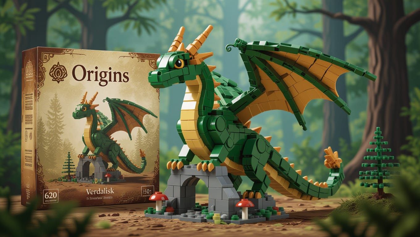 LEGO-Style Forest Dragon in Photorealistic Aesthetic