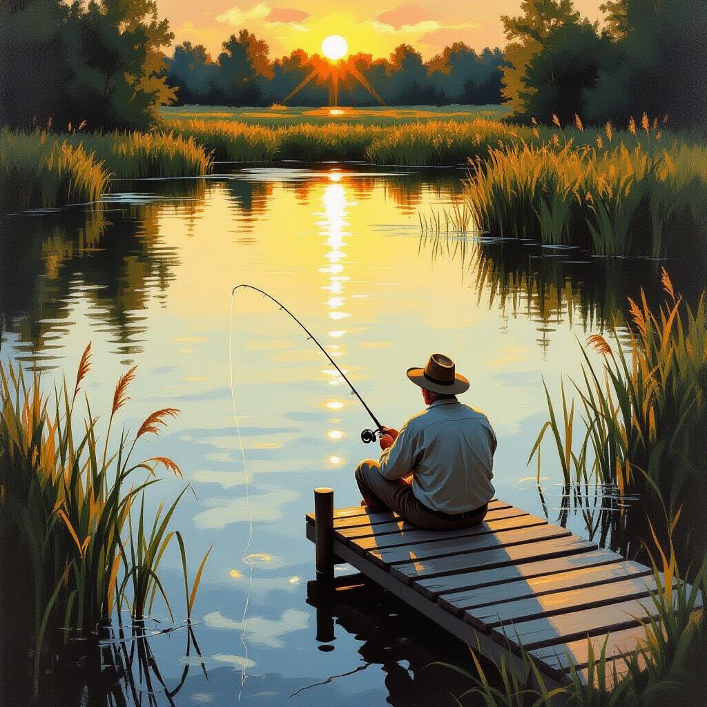 Serene Fishing Scene at Sunset, Oil Painting Style