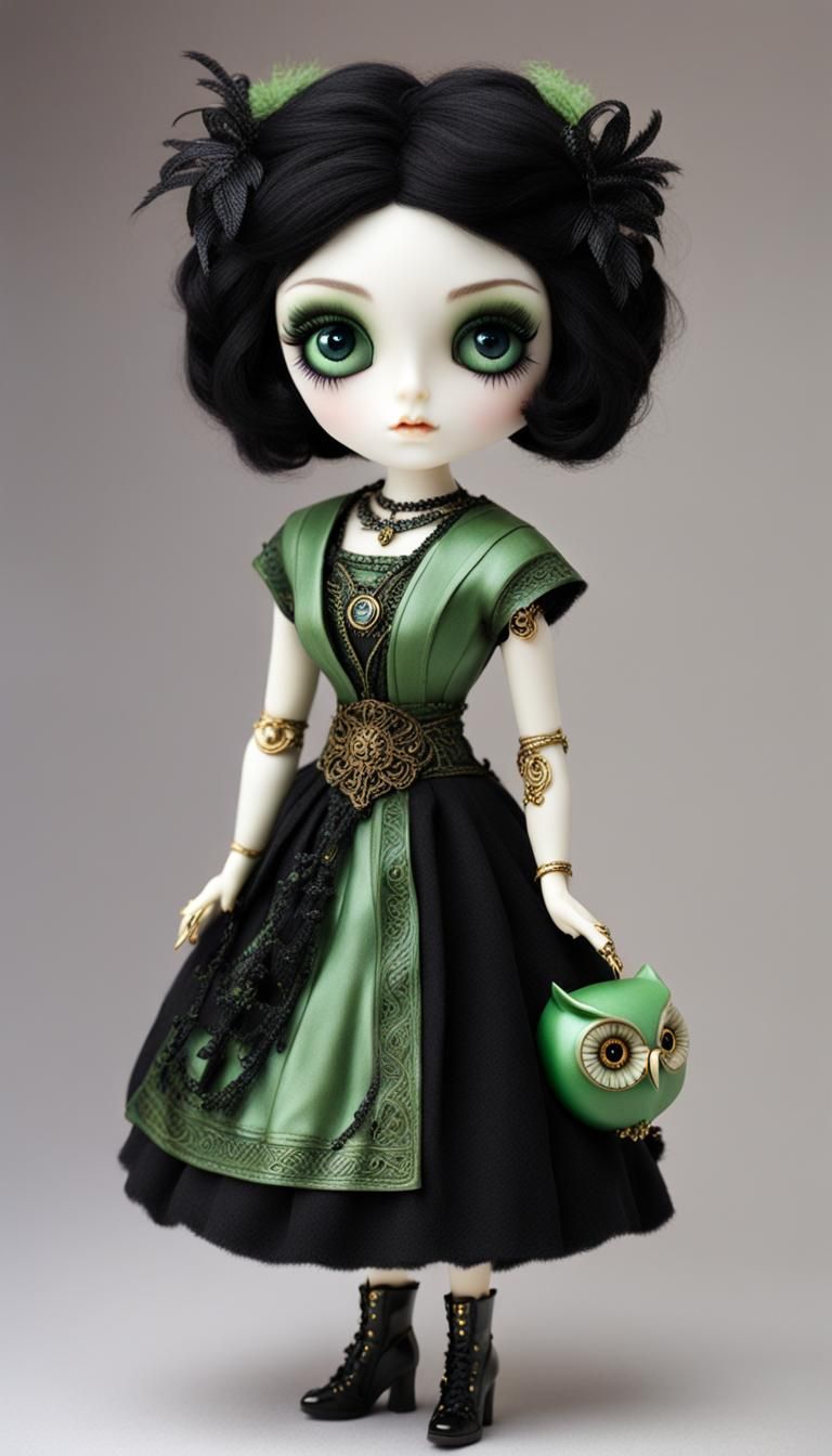"Goth, Porcelain doll, ancient greek goddess Pandora with box , short black fluffy hair, grass green eyes, an owl, and a...