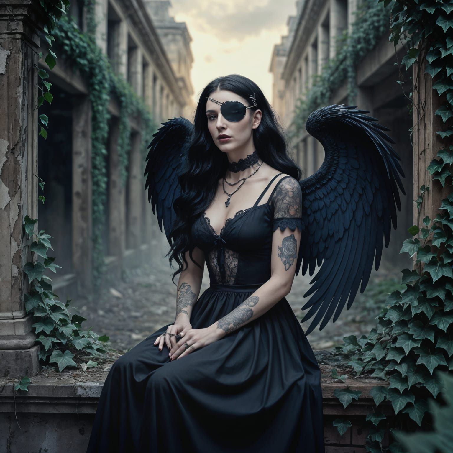 Gothic Angel of Death in Dystopian Ruins