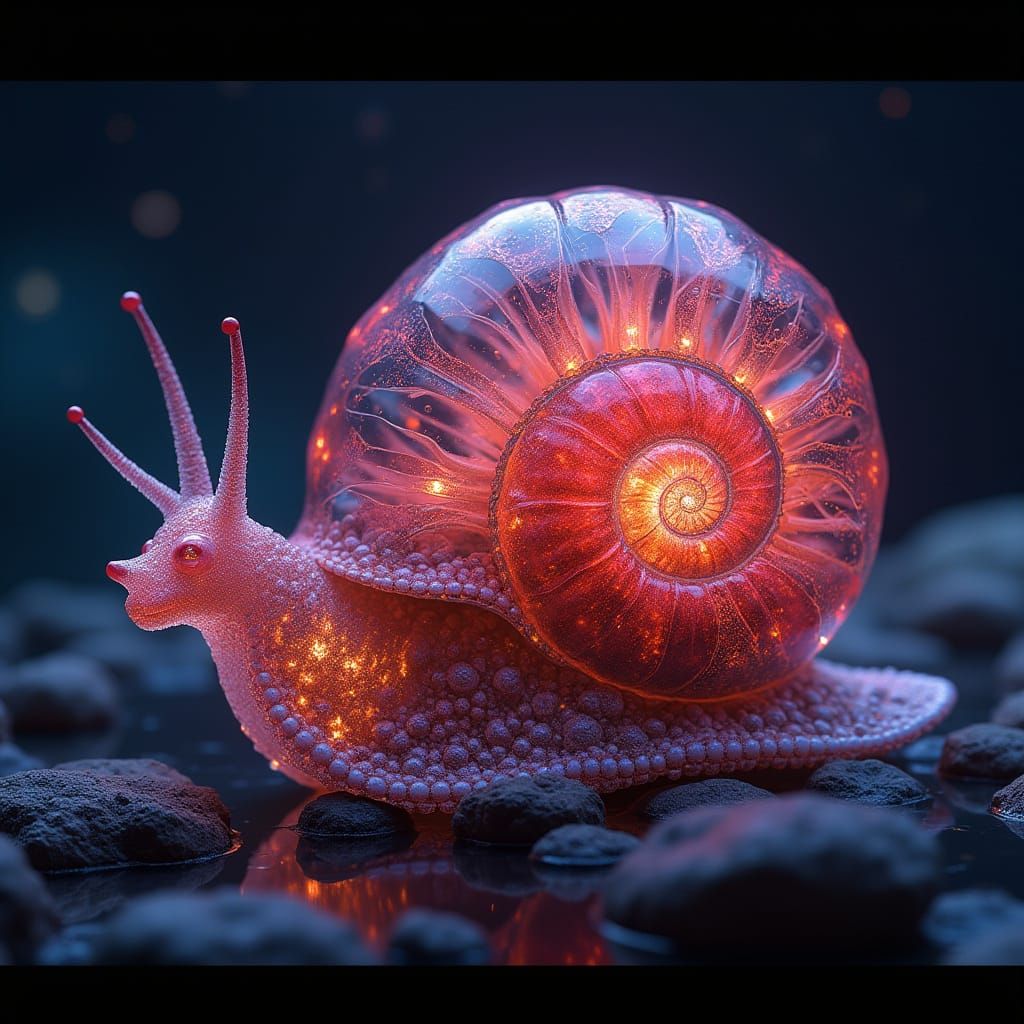 Transparent glass snail-shell filled with bioluminescent fractal plants. Luminous opalescent. Blood red. Insanely detail...