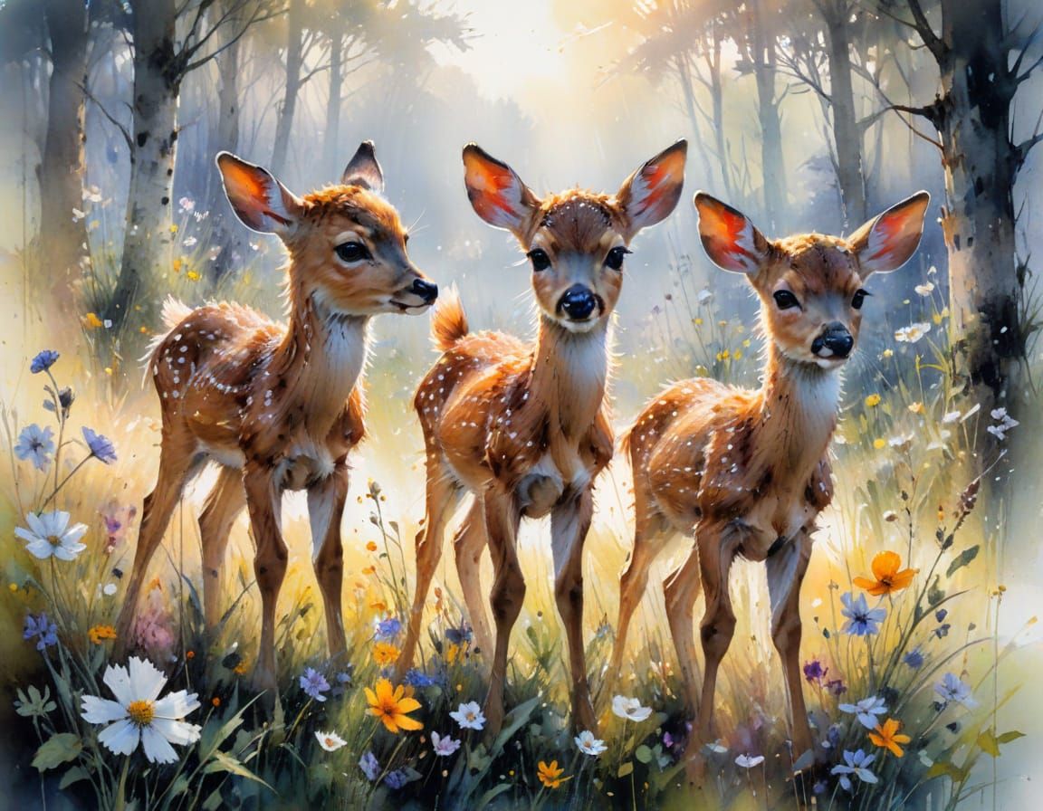 Baby Fawns in Sunlit Glade, Watercolour Art