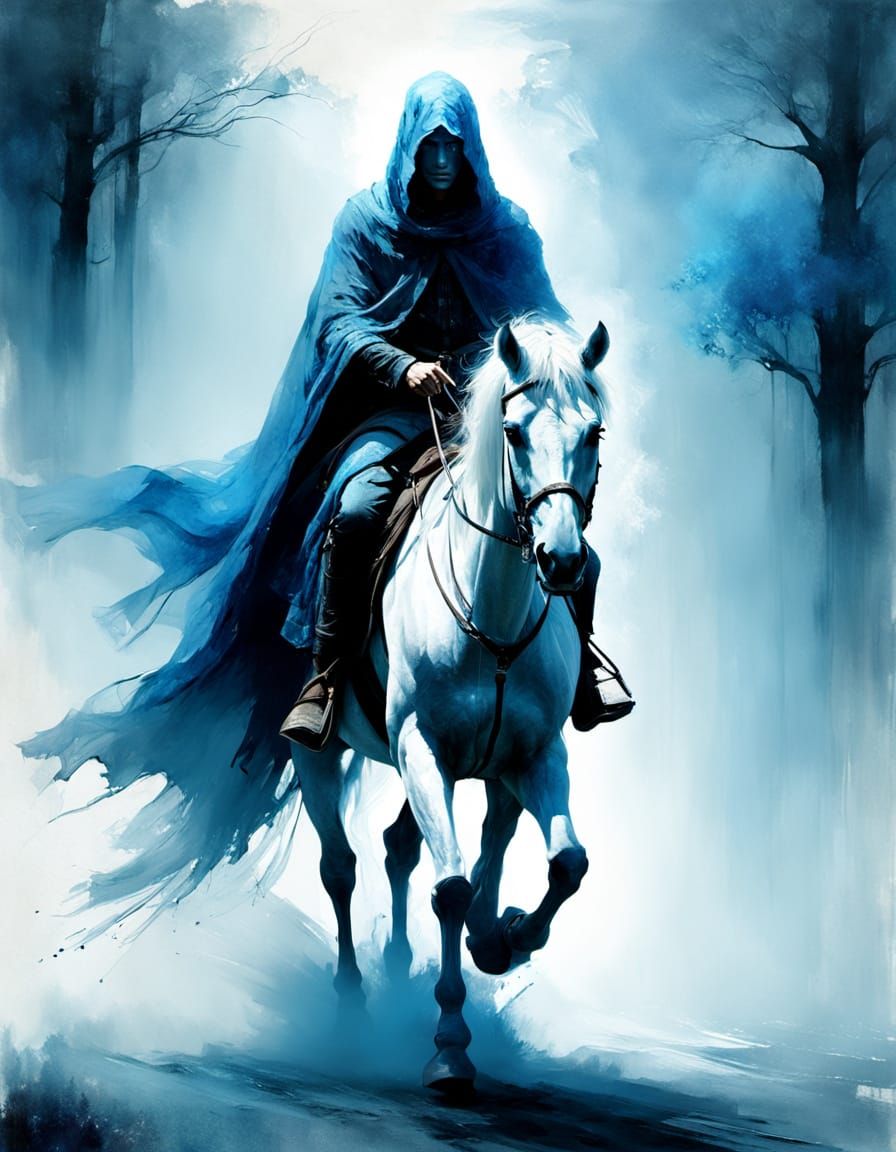 Cloaked Rider on White Horse in Blue Mist