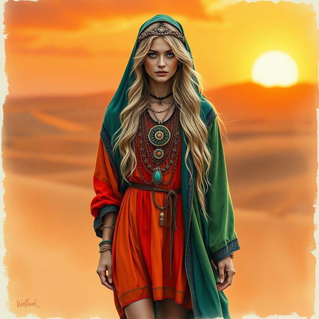 Bedouin Priestess in Desert at Sunset, Boho Aesthetic