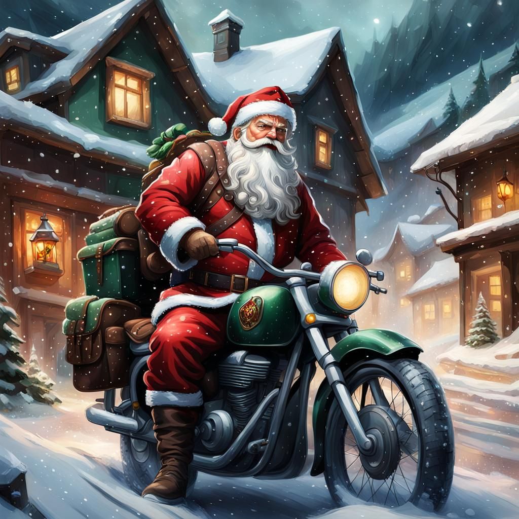 Santa Claus Rides Motorcycle: Impasto Digital Art