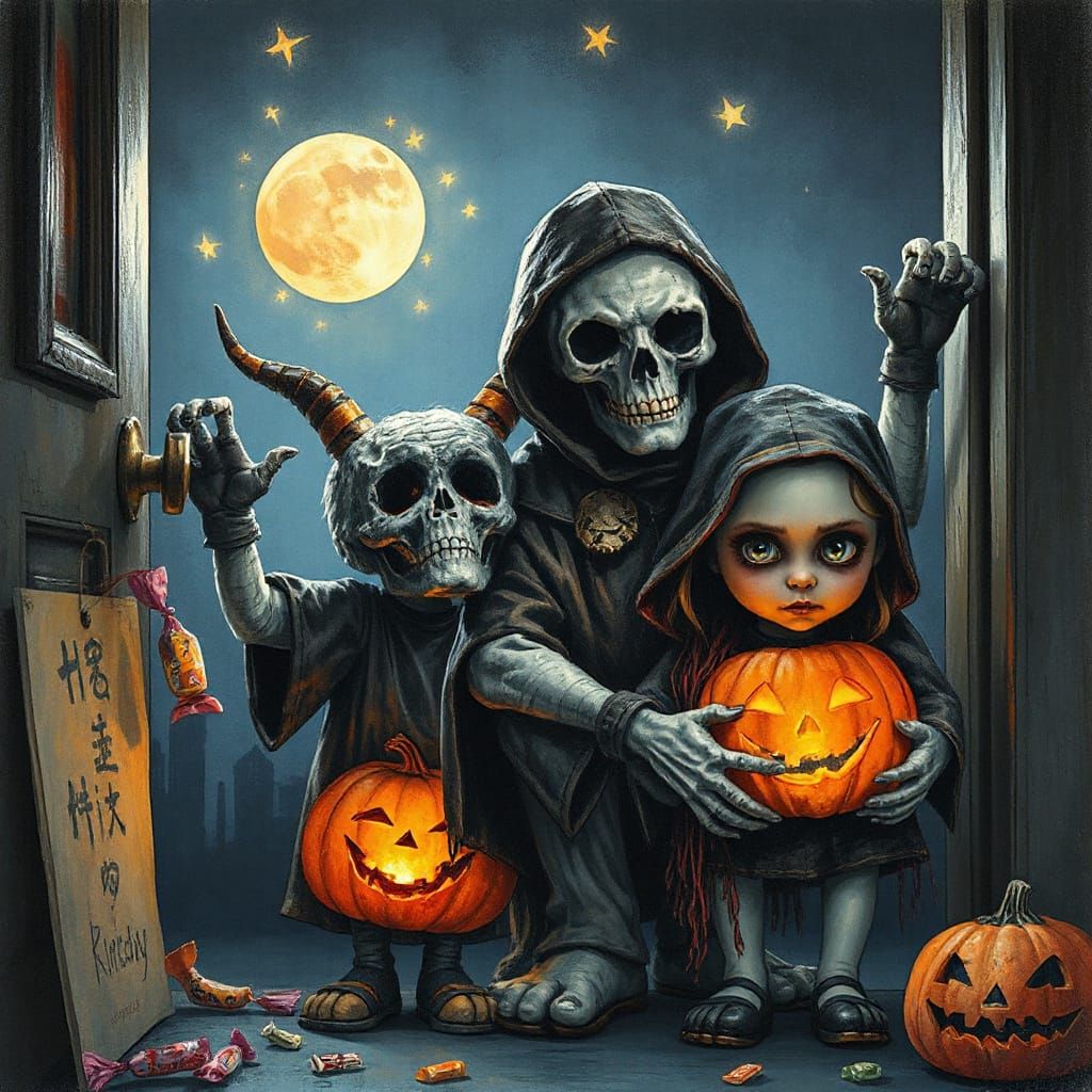 Spooky Children Knocking on Door on Halloween Night