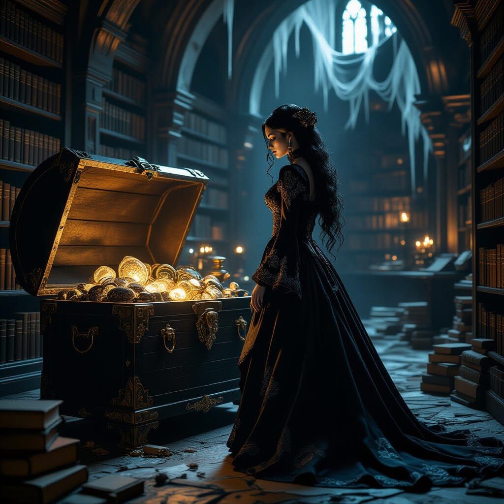 Gothic Woman Before Ancient Treasure Chest