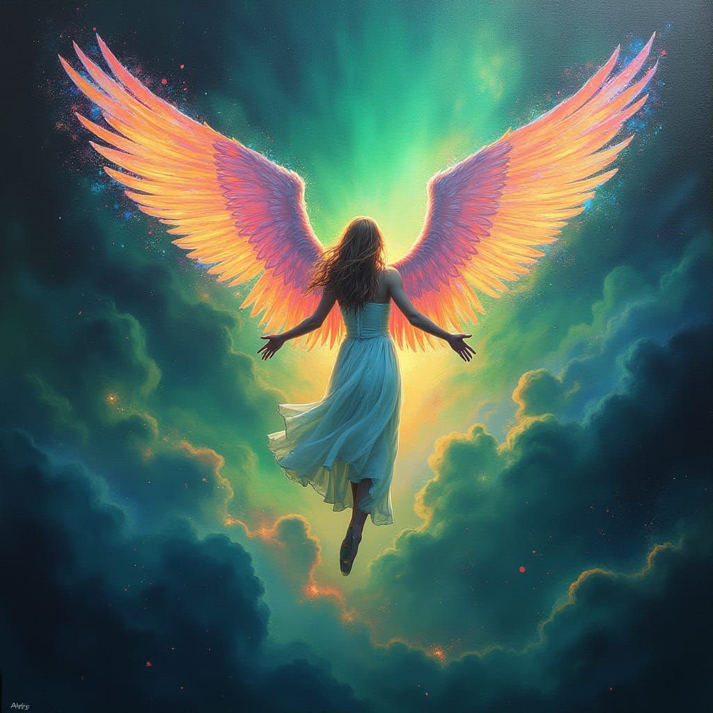 Angel Descending Amidst Cosmic Colors: Street Art Style