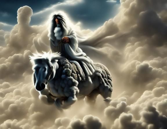 Divine Rider on Cumulonimbus Horse in Cosmic Sky