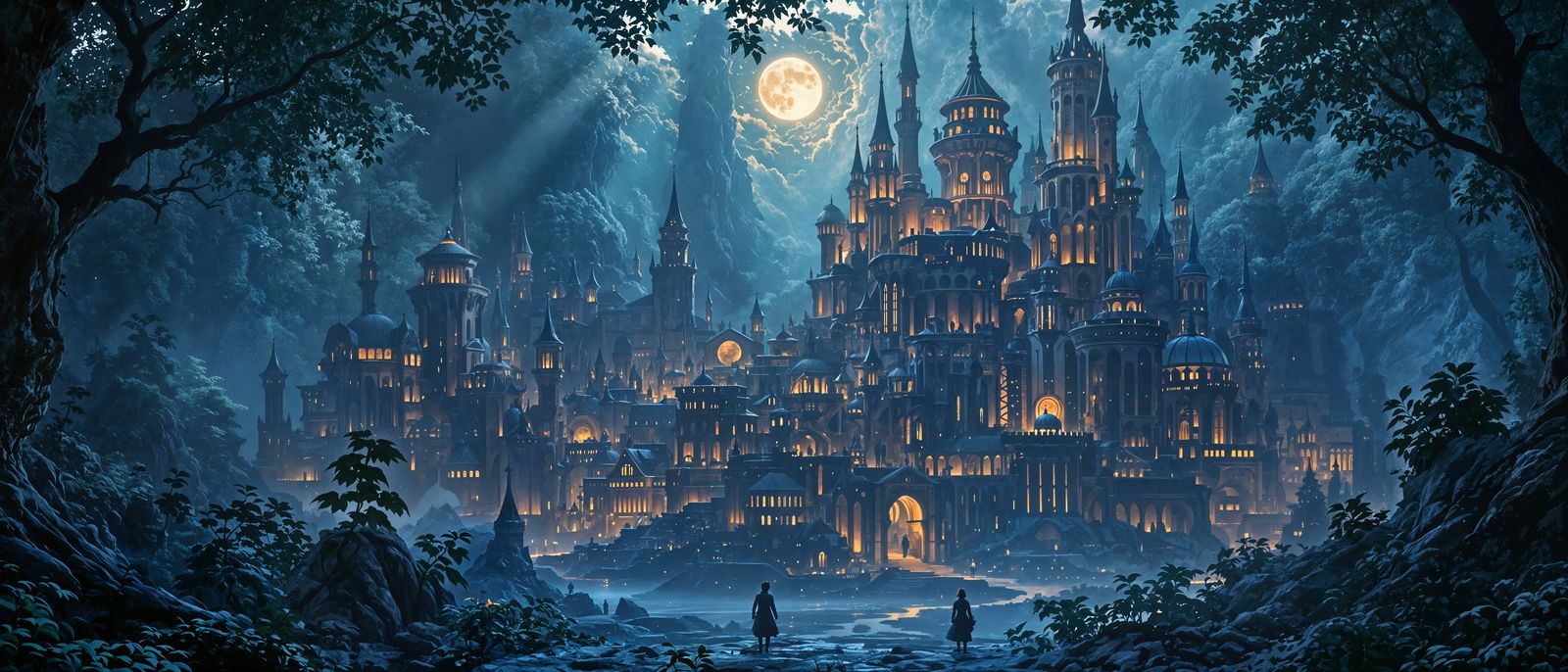 Moonlit Elven City in Enchanted Forest