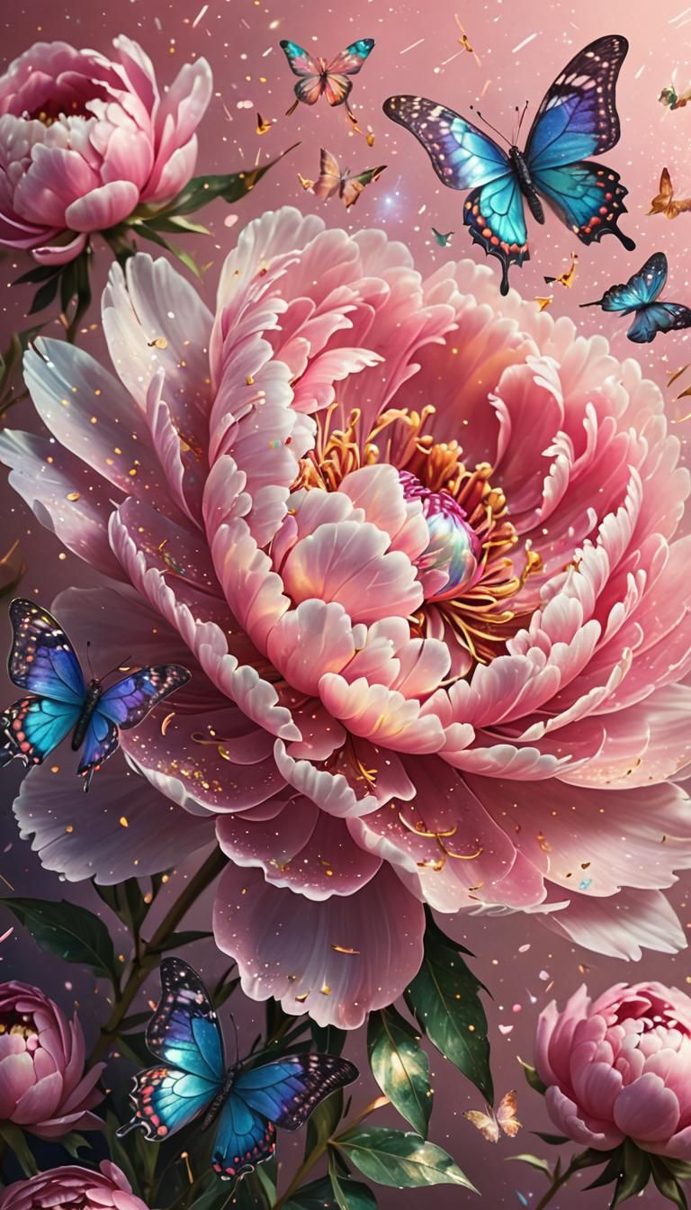 Peony with Butterflies: Cosmic Dreamlike Illustration