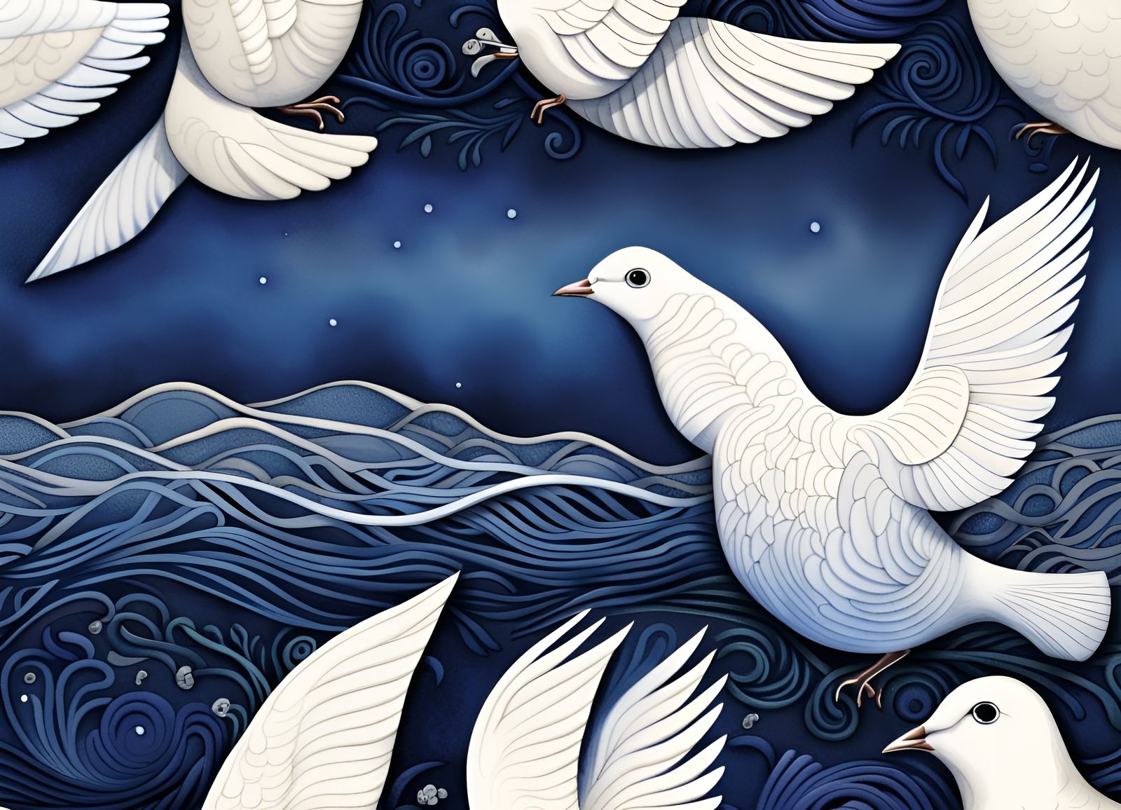 White Dove Soaring Over Indigo Ocean