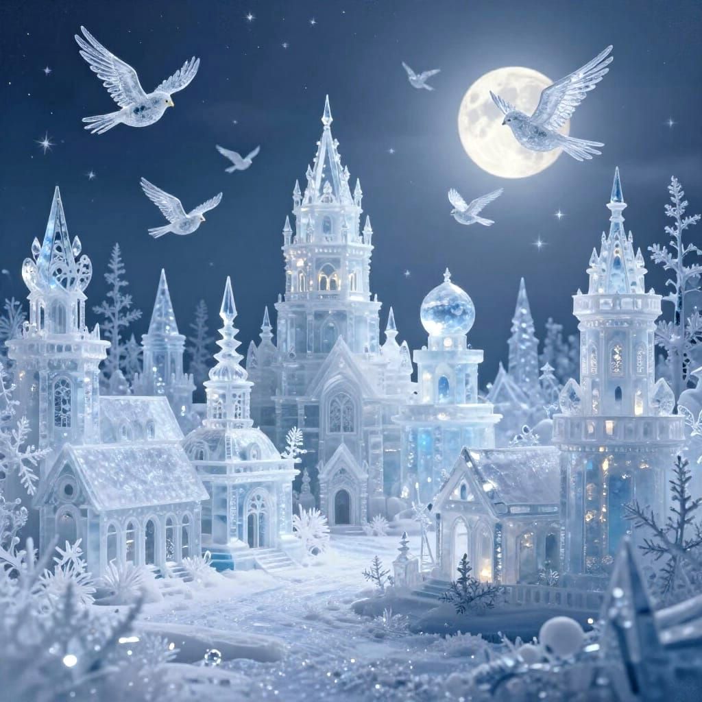 Intricate Snowflake Town with Ice Crystal Birds
