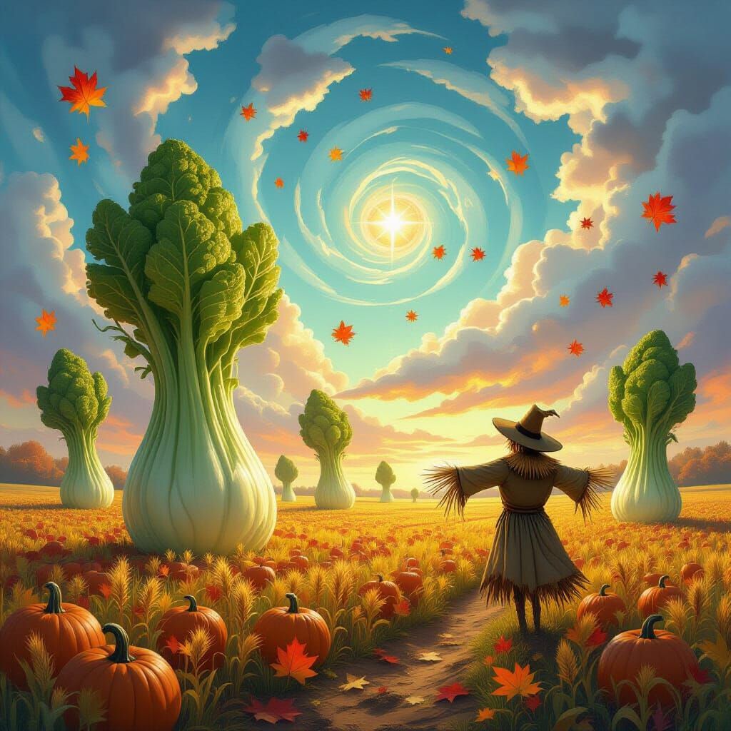 Surreal Crystalline Vegetable Harvest Under Autumn Sky