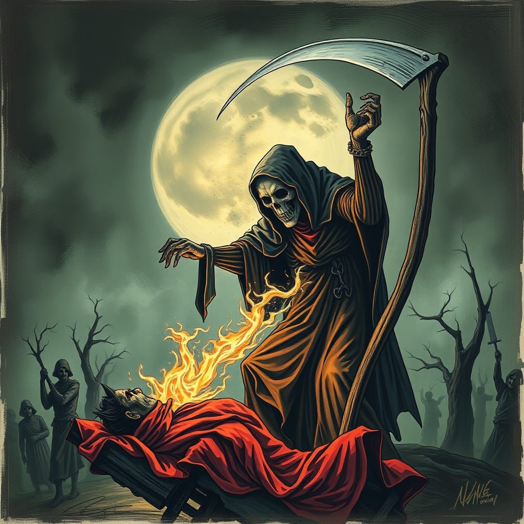 Grim Reaper in Fierce Confrontation with Cowardly Soul