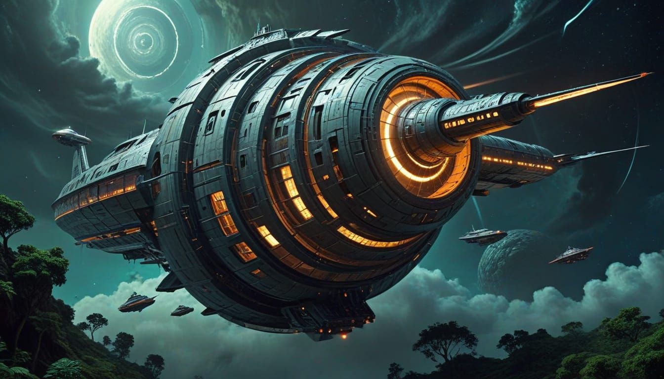 Surreal Cyberpunk Spaceship in Retrofuturistic Style