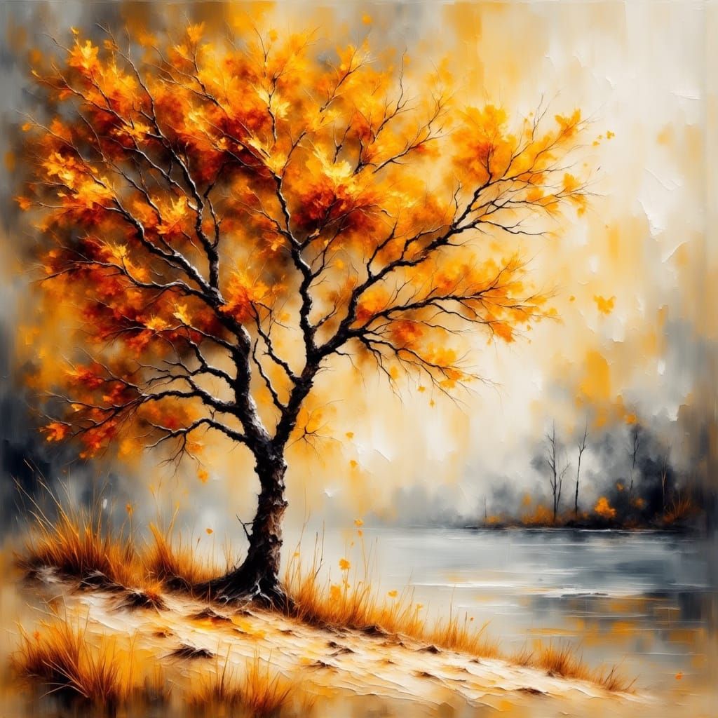 <lora:Smokey grunge:1.0> A barren tree standing alone on a lake shore surrounded by sand dunes. Slightly Dutch angle. Th...