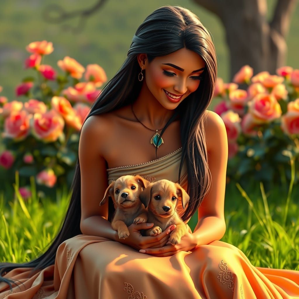 Pocahontas Portrait with Foxhounds, Art Nouveau Style