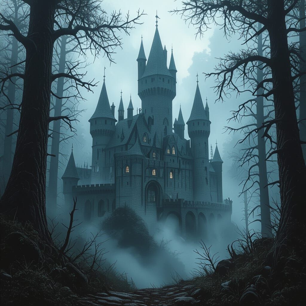 Mystical Castle in Forest, Ethereal Fantasy Art