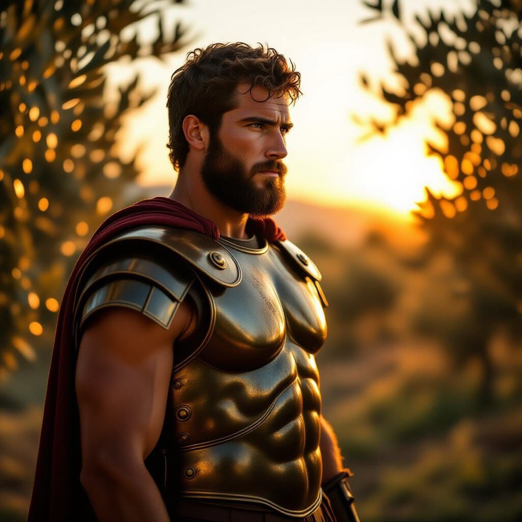 Photorealistic Greek Hoplite in Olive Grove at Dawn