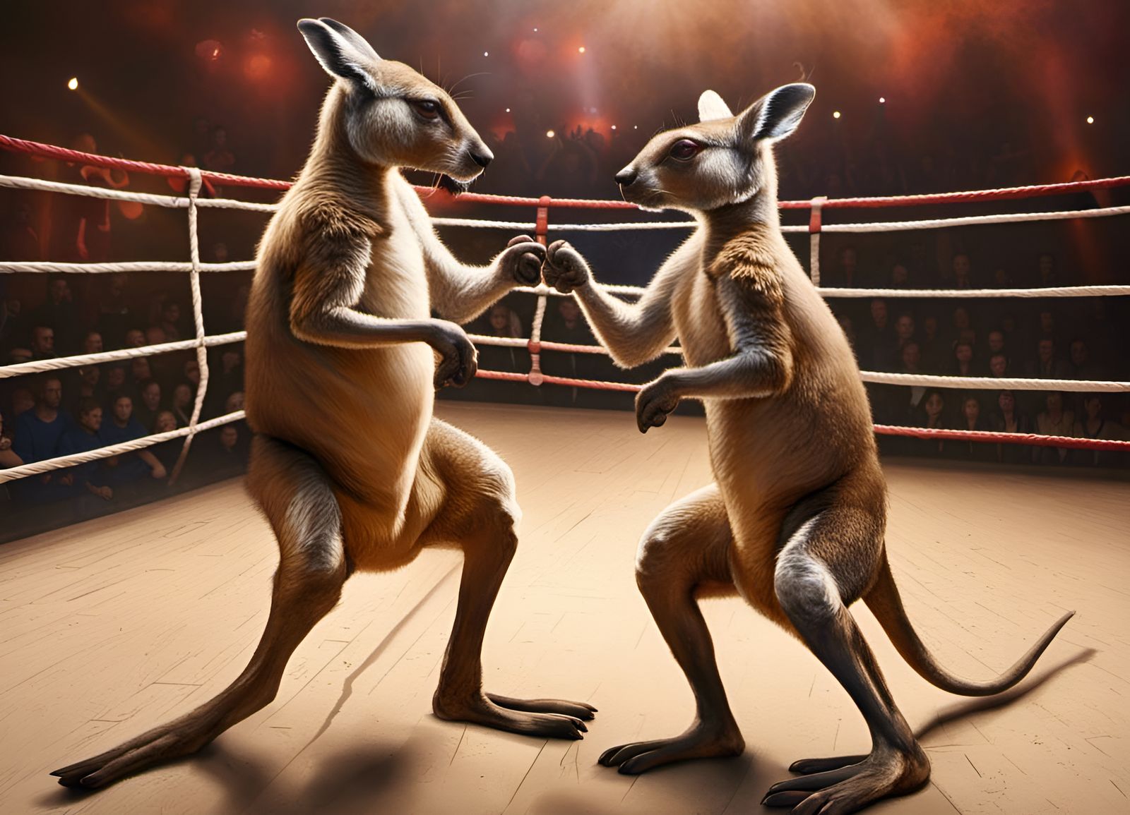 Hyperrealistic Kangaroo Boxing Match in Complementary Colors