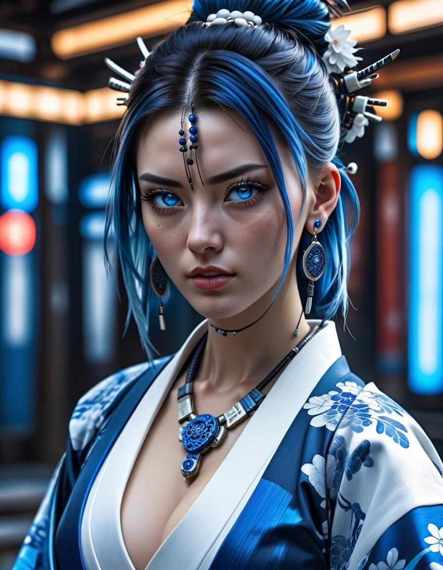 beautiful girl, ronin, cyberpunk, blue and white kimono, katana, earrings, necklace, piercing blue eyes, waist-up portra...